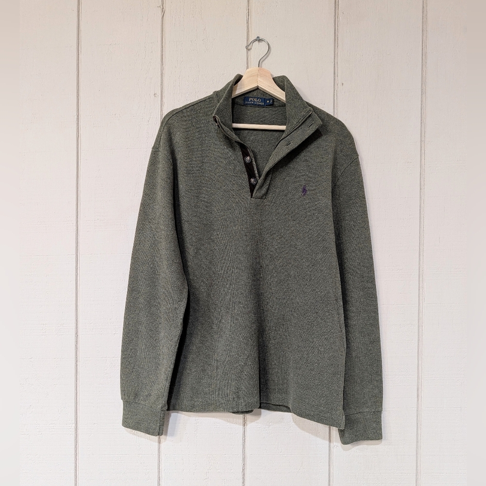 Polo Ralph Lauren Quarter Zip Pullover Elbow Patches Green Cotton Rugby Henley